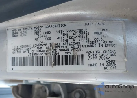 1997 Toyota 4Runner Sr5 V6 из США, поврежденный, VIN JT3HN86R9V0117564